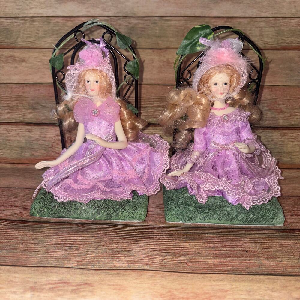Vintage Victorian Porcelain Doll Bookends Set Lavender Purple Lace‎ Decor 90s